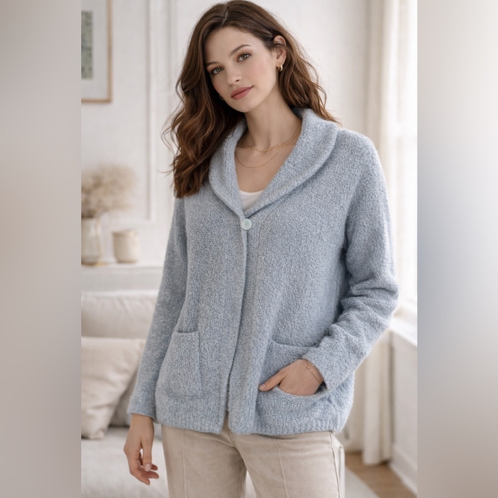 Soft Surroundings Soft Blue Shawl Collar Cardigan Women’s Large Pockets Cozy